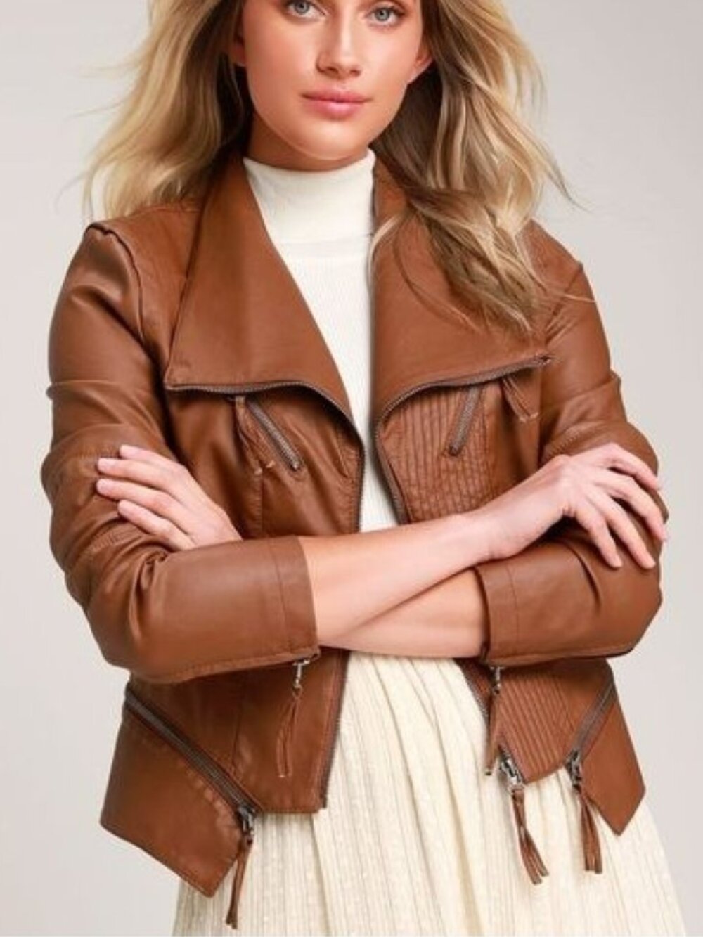 Lulu's Brown Faux Leather Vegan Moto Jacket Womens S Boho Country Western Fall
